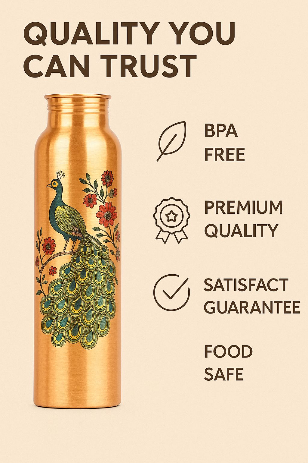 SHIVARA 100% Pure Copper Peacock Design Water Bottle – 950ml