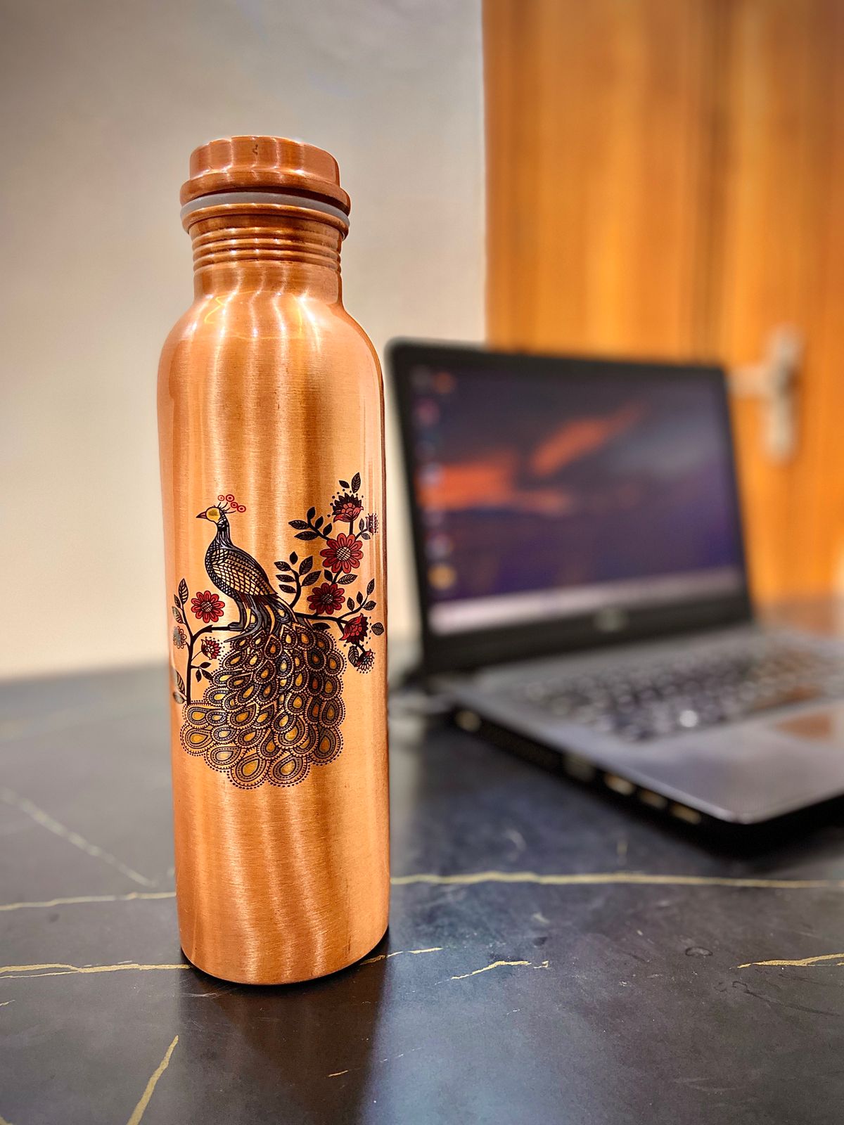 SHIVARA 100% Pure Copper Peacock Design Water Bottle – 950ml