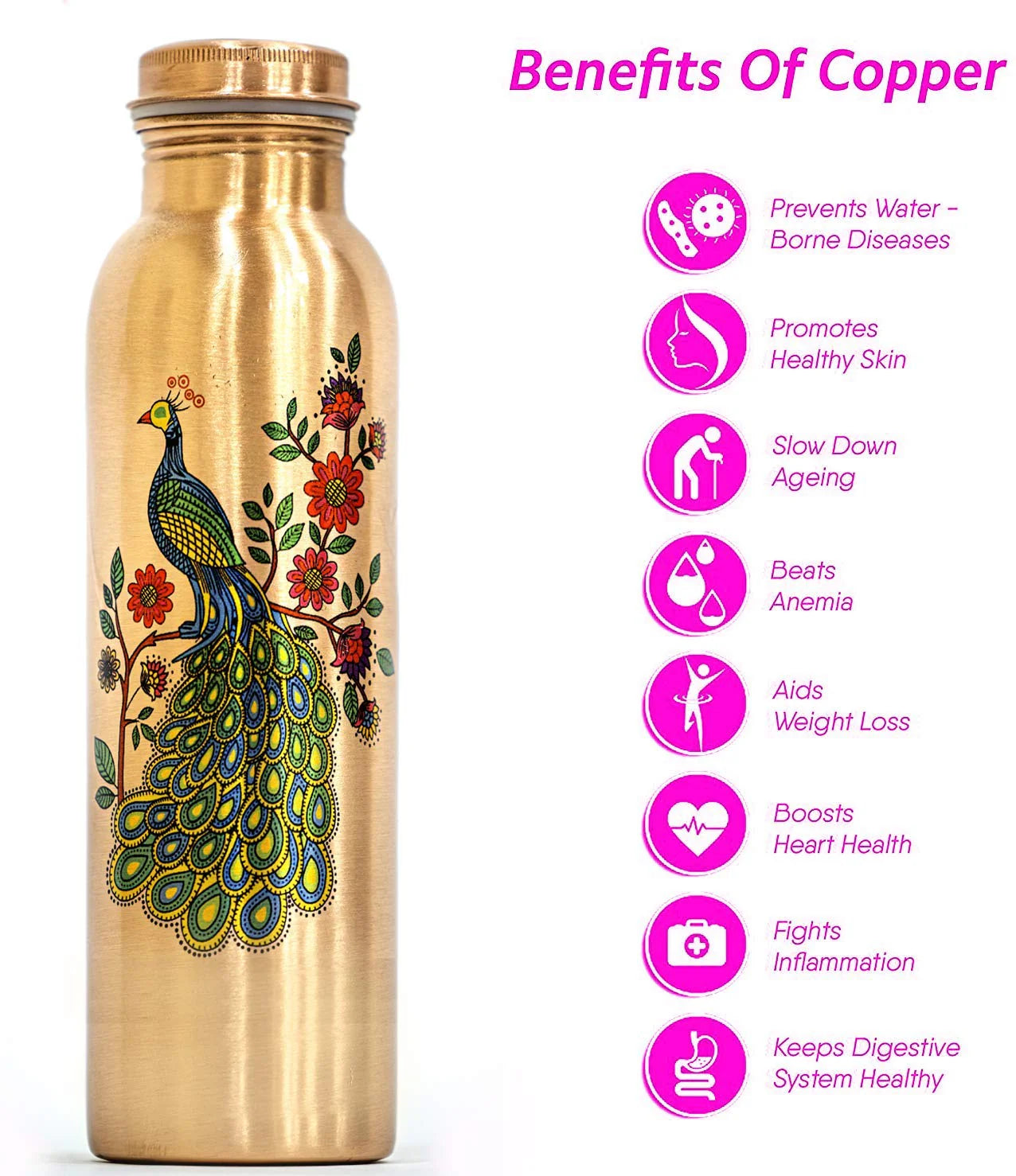 SHIVARA 100% Pure Copper Peacock Design Water Bottle – 950ml